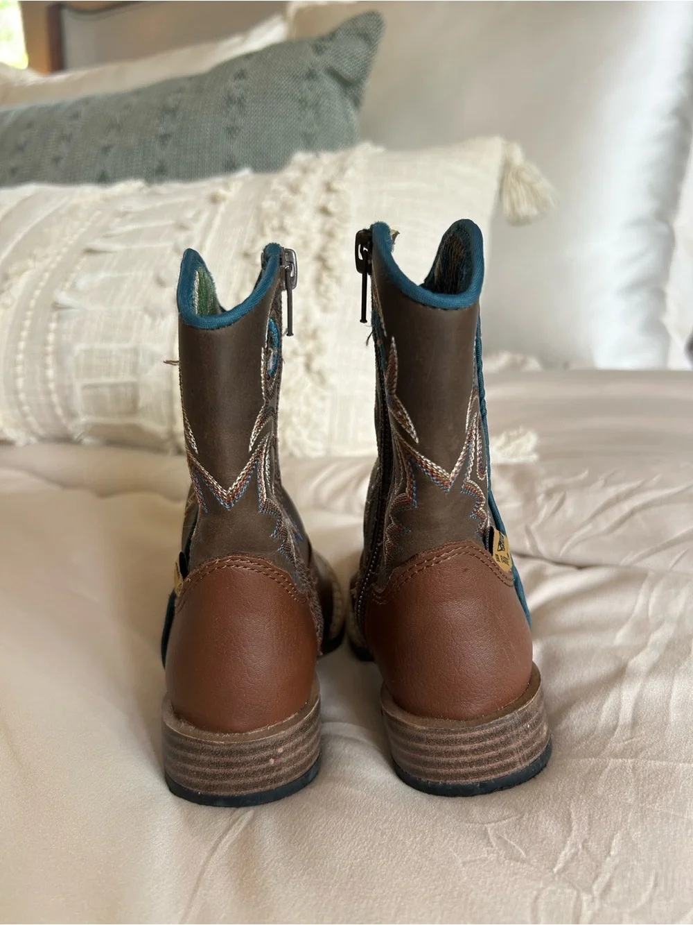 Dbl Barrel - Toddler Brown Cowboy Boots with Turquoise Trim